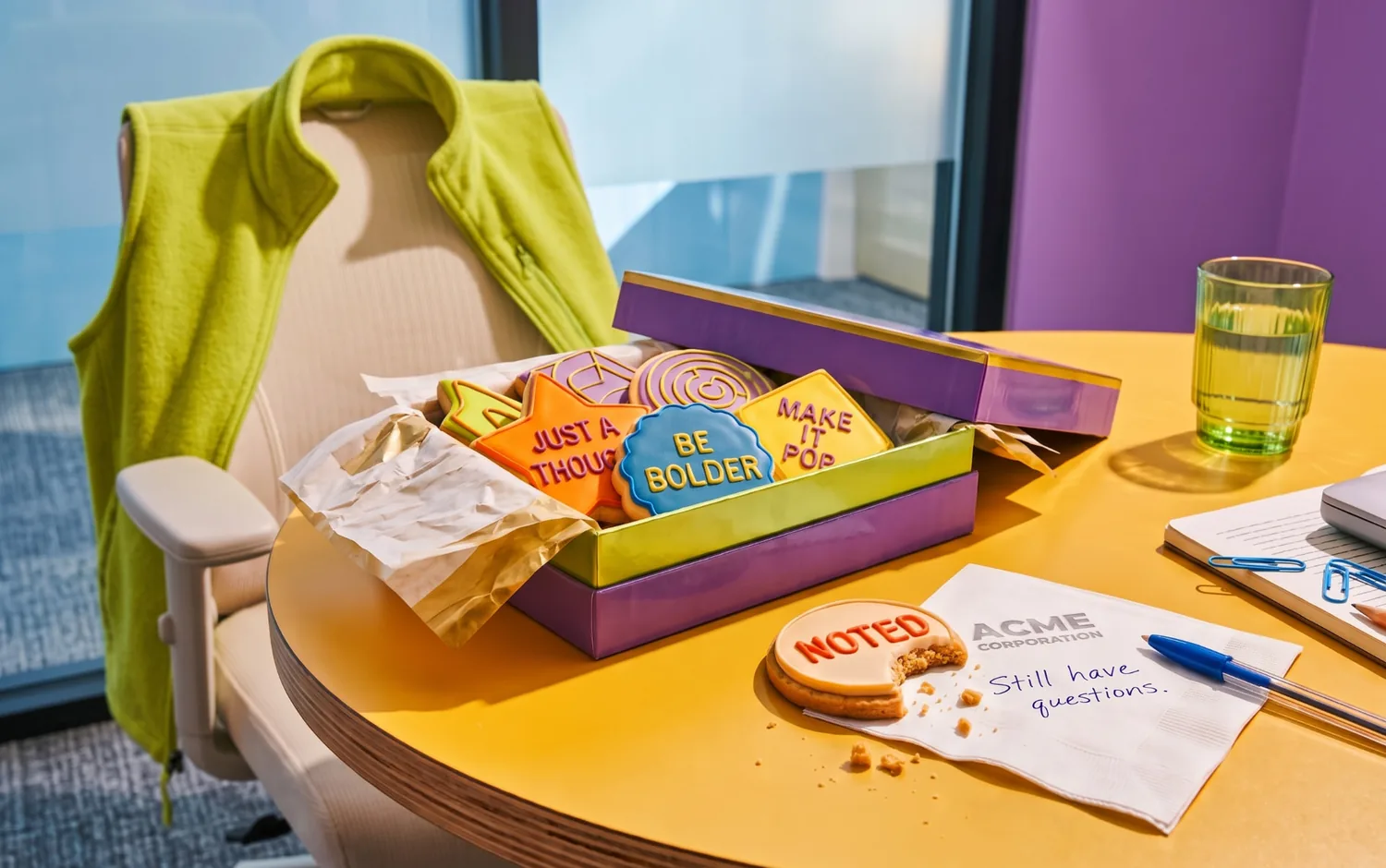 Open purple cookie box on a yellow table, with a chartreuse vest over the chair and a bitten NOTED cookie on a Still have questions napkin